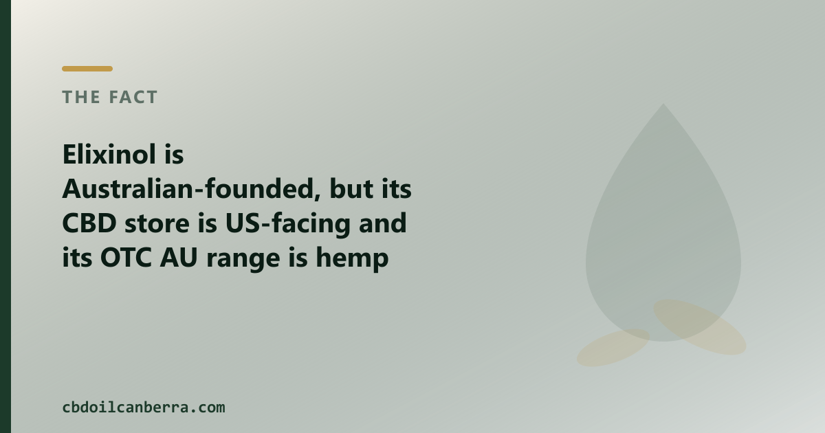 Elixinol is Australian-founded; its OTC AU range is hemp food, while ours is retail CBD oil for Canberra